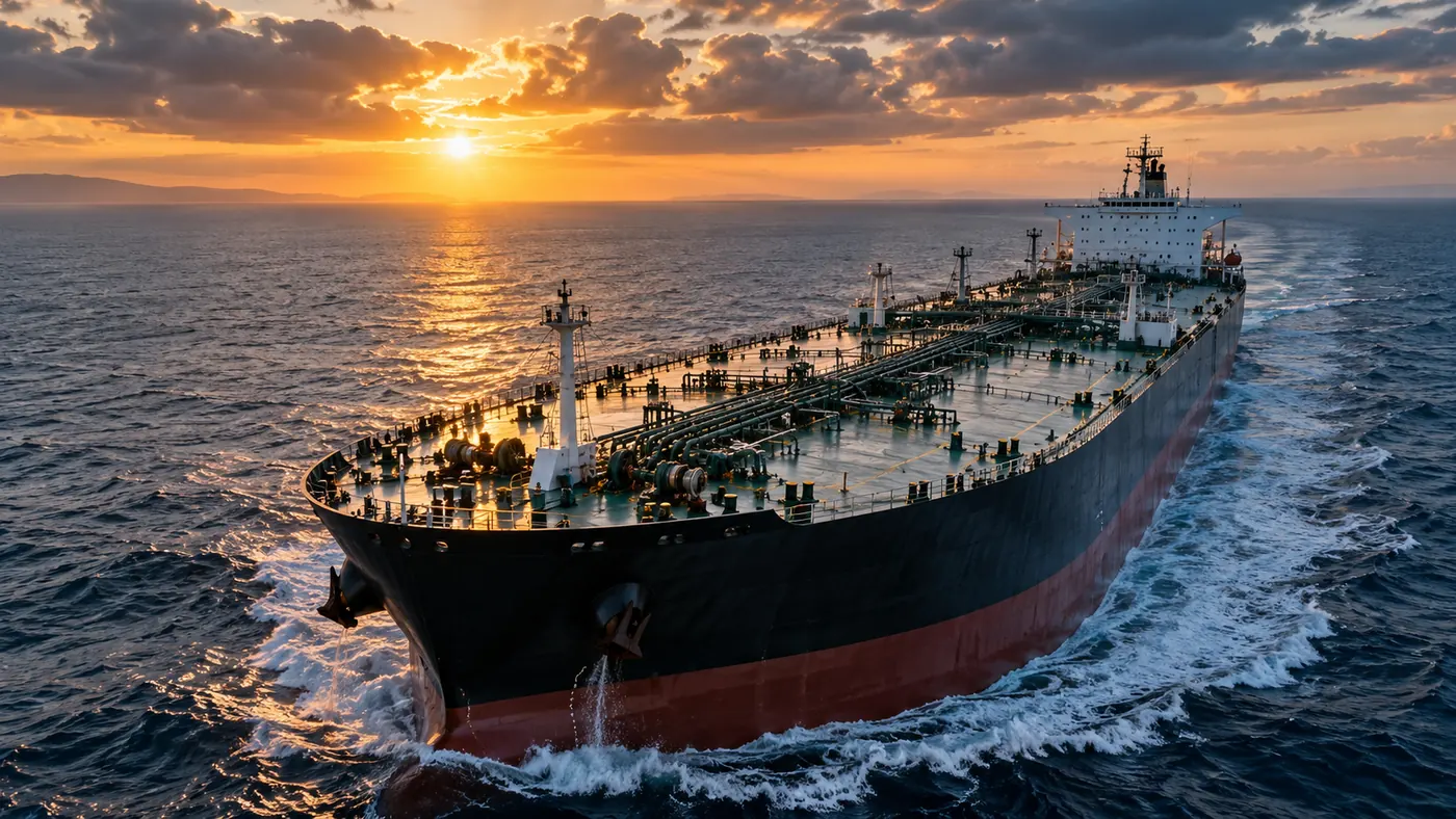 AI-generated illustrative tanker vessel sailing at sunset